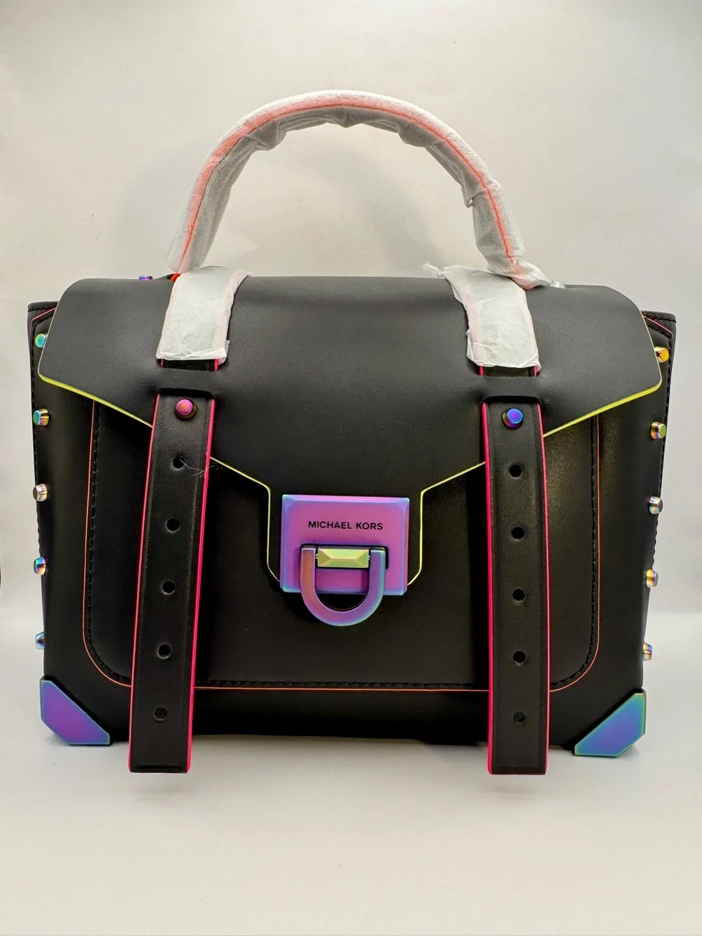 MICHAEL KORS Manhattan Medium Contrast-Trim Leather Satchel Black Neon - Picture 6 of 16